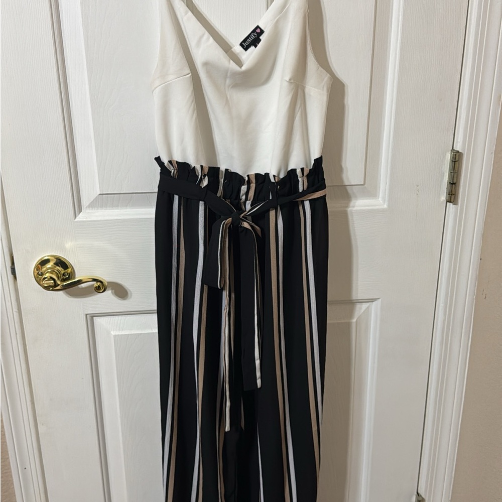 Sleeveless White & Black Striped Jumpsuit with Tie Waist